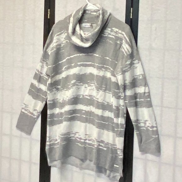 Calvin Klein Cowl Neck Hi Low Knit Tunic Sweater Long Sleeve Swirl Grey White L - Picture 4 of 12